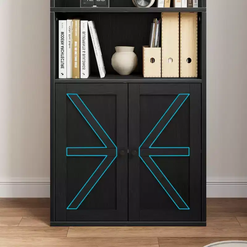 71.4in Tall Farmhouse Bookcase with Doors 11.8in Depth Display Storage Shelves Industrial Bookshelf Wooden 6 Shelf Bookshelves for Living Room