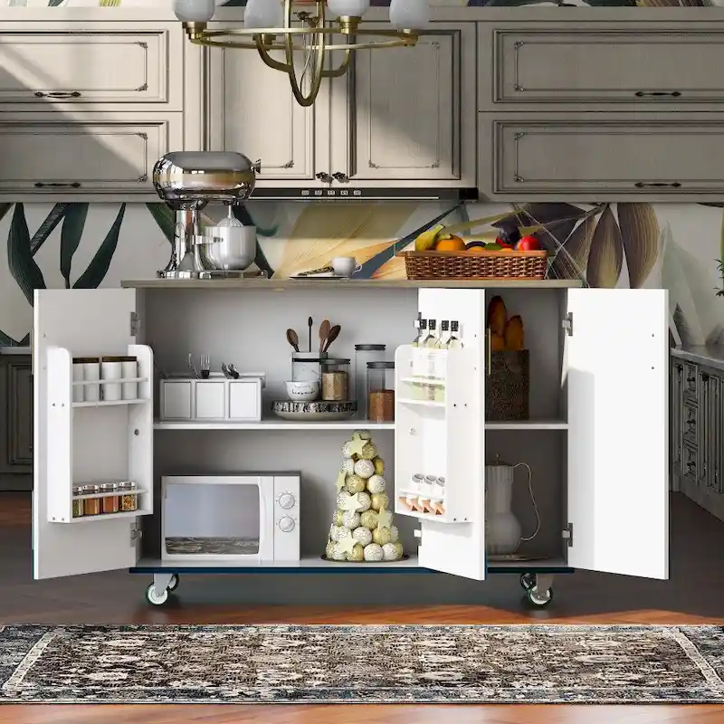 Retro MDF Kitchen Island on Wheels with Drop Leaf and Towel Rack