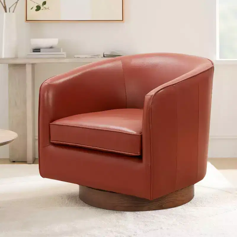 Comfort Pointe Taos Top Grain Leather Wood Base Swivel Accent Chair