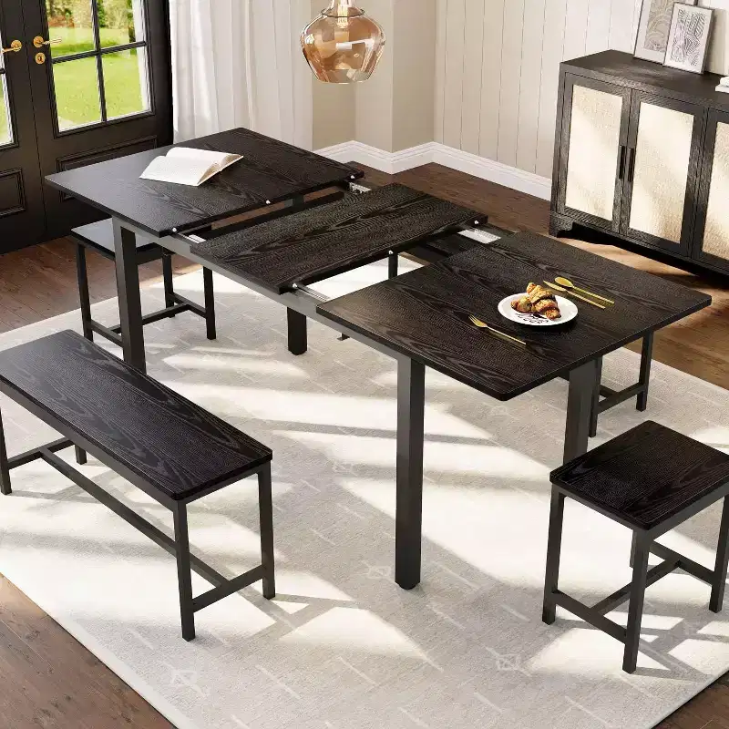 Extendable Dining Table with 2 Chairs and 2 Benches, Kitchen Dining Table for 4-6, Space Saving Breakfast Table
