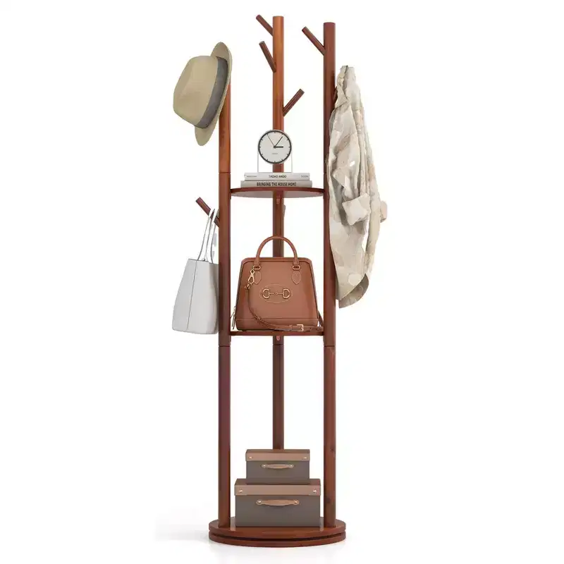 Freestanding 360° Rotary Wooden Coat Rack with 3 Shelves & 9 Hooks