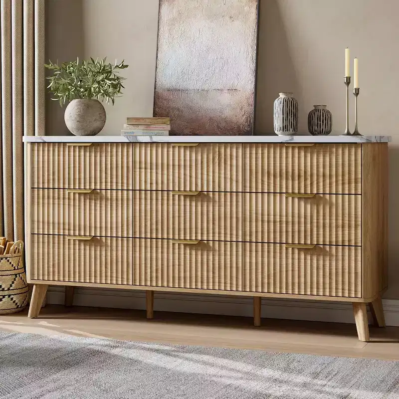 9 Drawers Fluted Dresser, Modern Chest, Wooden Dresser TV Stand, Curved Profile Design, for Living Room, Hallway
