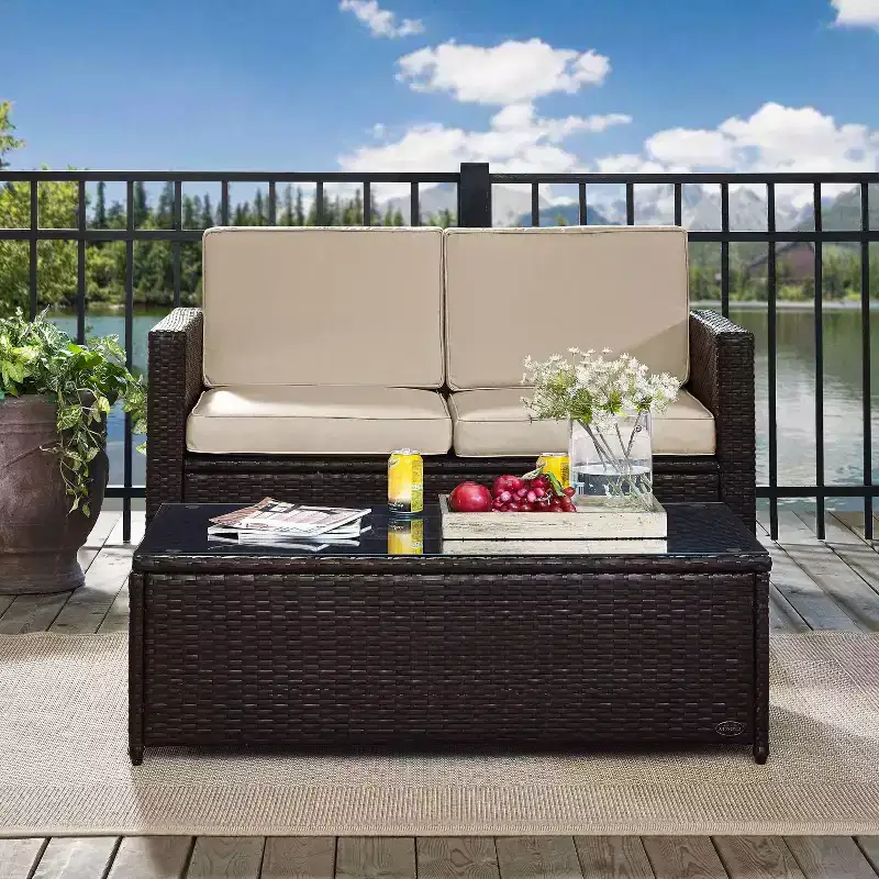 Palm Harbor 2pc Outdoor Wicker Seating Set with Loveseat & Glass Top Table Sand - Crosley: Steel Frame, UV-Resistant