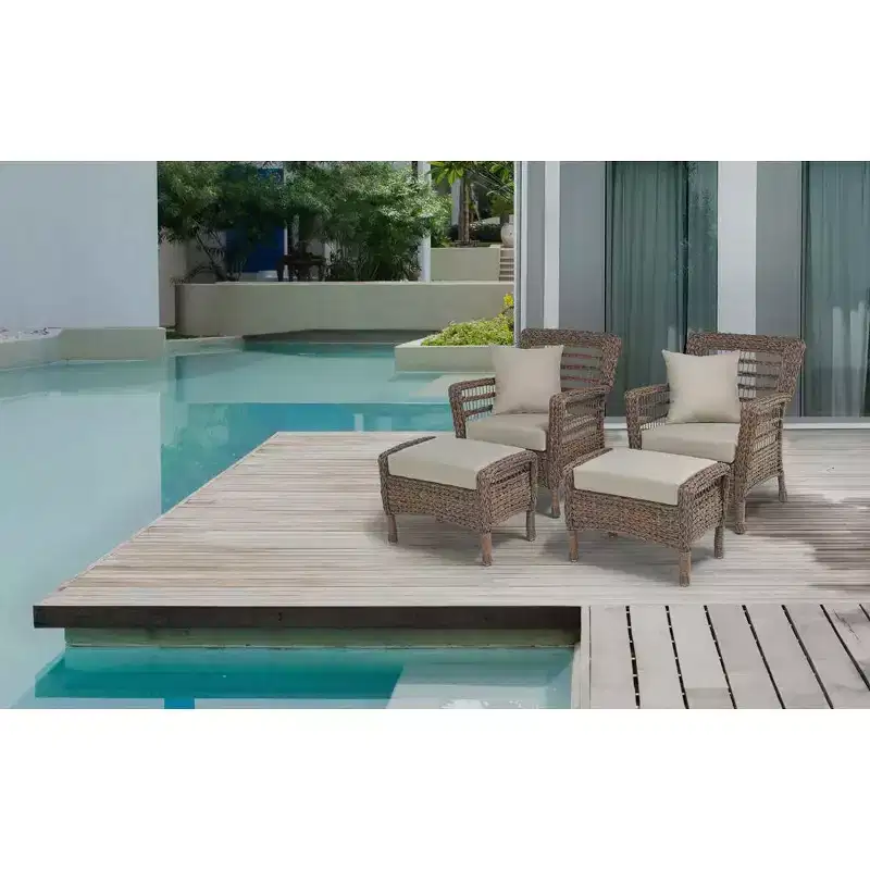 Jiallo Modern Concept Faux Sea Grass Resin Rattan Relaxing Set of 2 Armchairs and 2 Ottomans