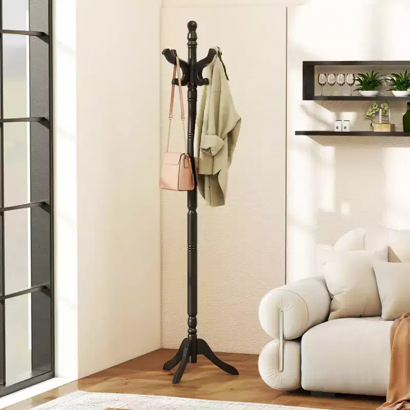 Black/Brown/Natural Freestanding Coat Rack with 3 Adjustable Heights, 11 Hooks – 1 Person