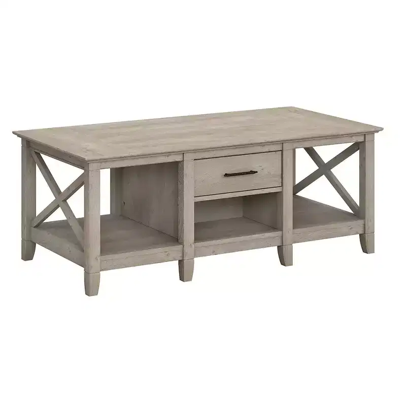 Key West Coffee Table with Storage - Bush Furniture: Aged Bronze Pulls, Open Compartments
