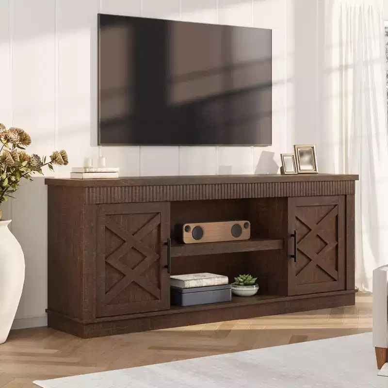 Brown Farmhouse TV Stand with Adjustable Shelves, Fits TVs up to 70