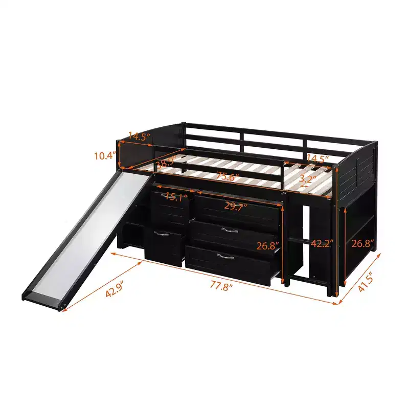 Twin Loft Bed with Slide, Wood Loft Bed Twin Size, Low Twin Size Loft Bed Frame with Cabinets and Shelves
