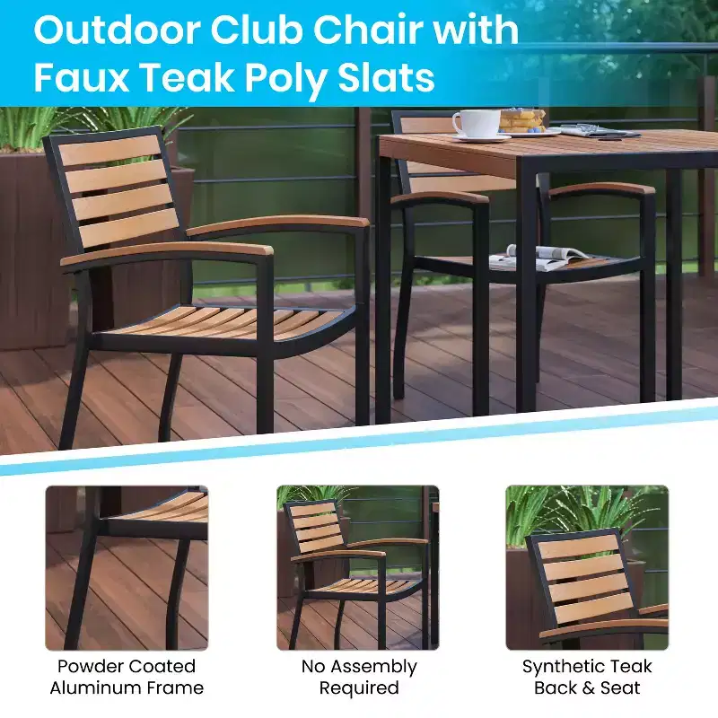 Emma and Oliver 7 Piece Patio Table Set - 4 Synthetic Faux Teak Stackable Chairs - Faux Teak Table - Umbrella with Base