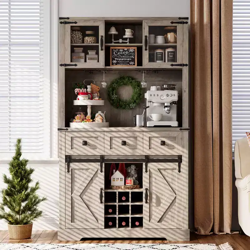 72 Tall Bar Cabinet Farmhouse Bar Station with Sliding Barn Door, Tall Kitchen Buffet with Storage Hutch and 3 Drawer, Rustic Wine Cabinet