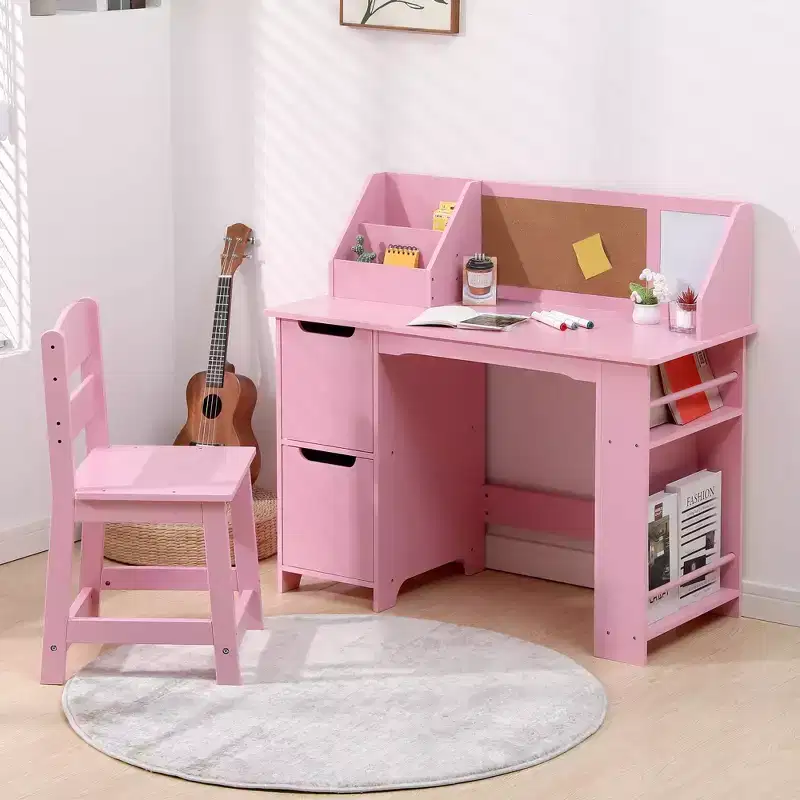 Study Desk and Chair Set with Bookshelf, Bulletin Board, and Cabinets - Ideal for Boys and Girls Ages 3-8