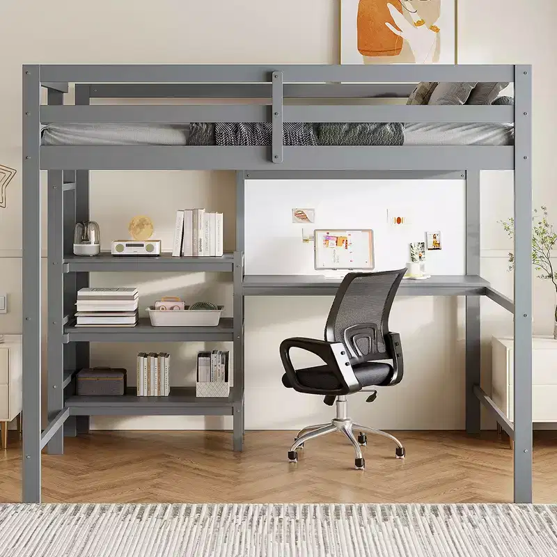 Wooden Loft Bed with Shelves, Desk and Writing Board - ModernLuxe