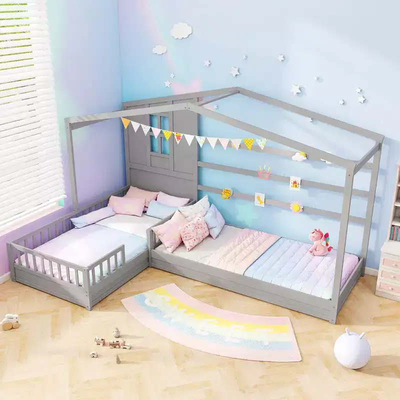 L-shaped Double Twin Beds House Platform Beds w/ Window & Fences ray