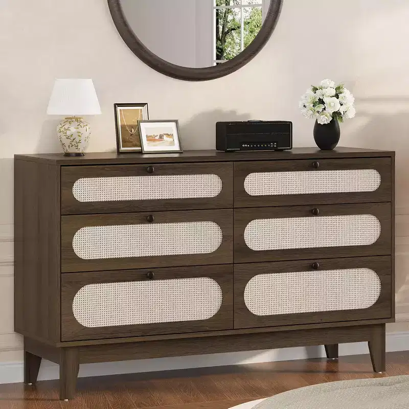 1-Box Assembly Rattan 6-Drawer Dresser with Power Outlets & USB Ports, Wood Storage Cabinet for Bedroom