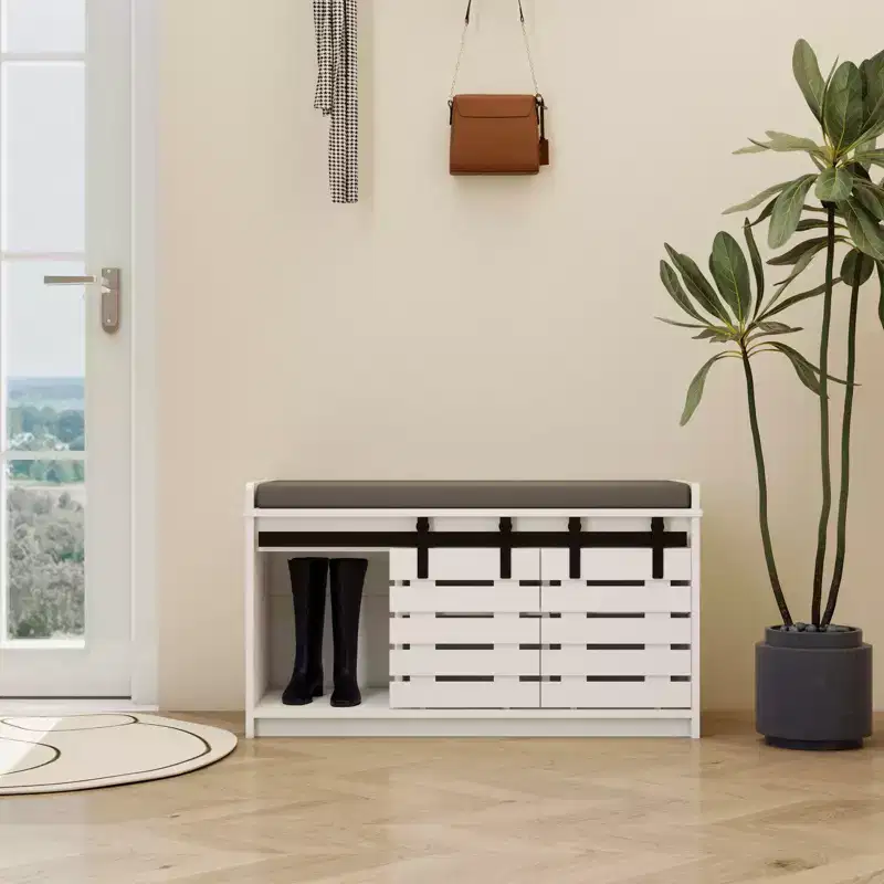 MAYEERTY 2-Tier Entryway Shoe Storage Bench, 2 Sliding Barn Doors Removable Padded Seat, Hallway Bedroom, White
