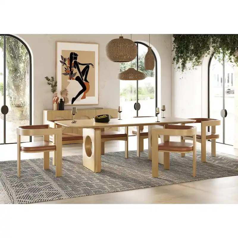 Modern White Oak Dining Table, Rectangular Solid Wood Top, Contemporary Style for Dining Room