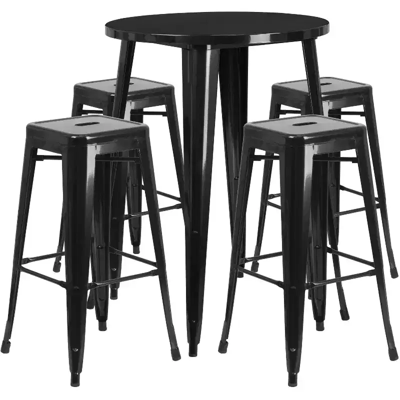 Flash Furniture Commercial Grade 30 Round Metal Indoor-Outdoor Bar Table Set with 4 Square Seat Backless Stools