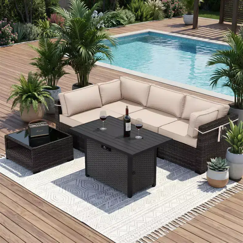 UPTIOT 4-Piece Patio Set: Corner Sofa, Grey Fire Pit Table & Tempered Glass Coffee Table for Ultimate Outdoor Relaxation
