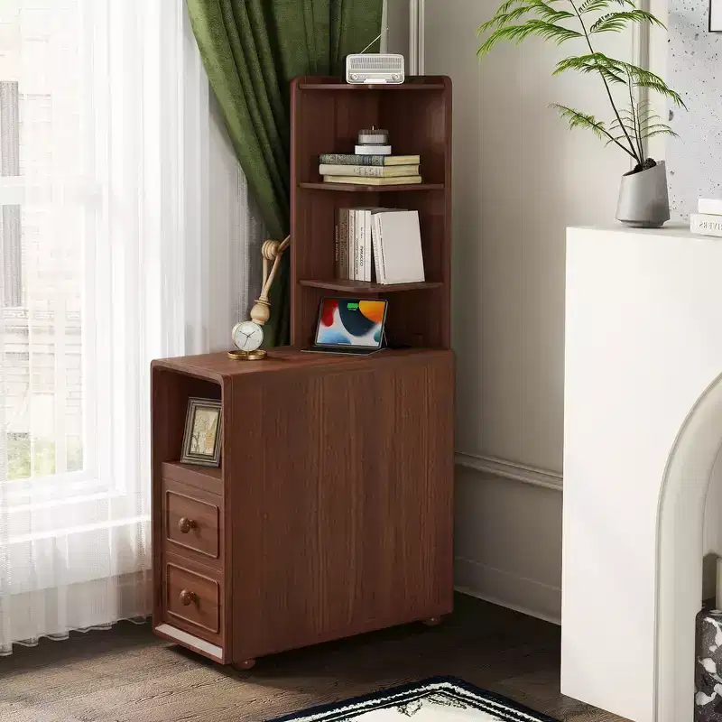 Whisen End Table & Corner Table with Drawers, Open Shelves for Bedroom and Corner - Walnut