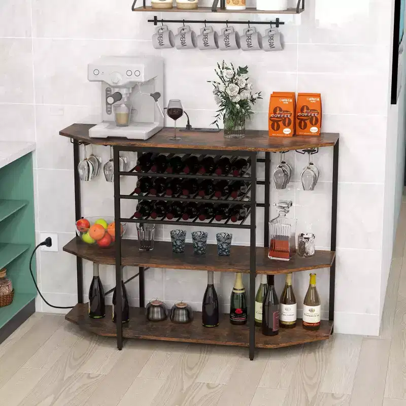 3 Tier Bar Cabinet with Storage Shelves Glass Holders Bottle Racks