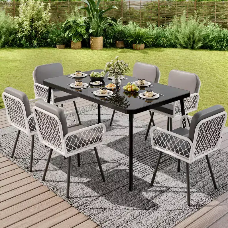 59 Tempered Glass Patio Dining Table with Metal Frame, 4-6 Person Rectangular Table