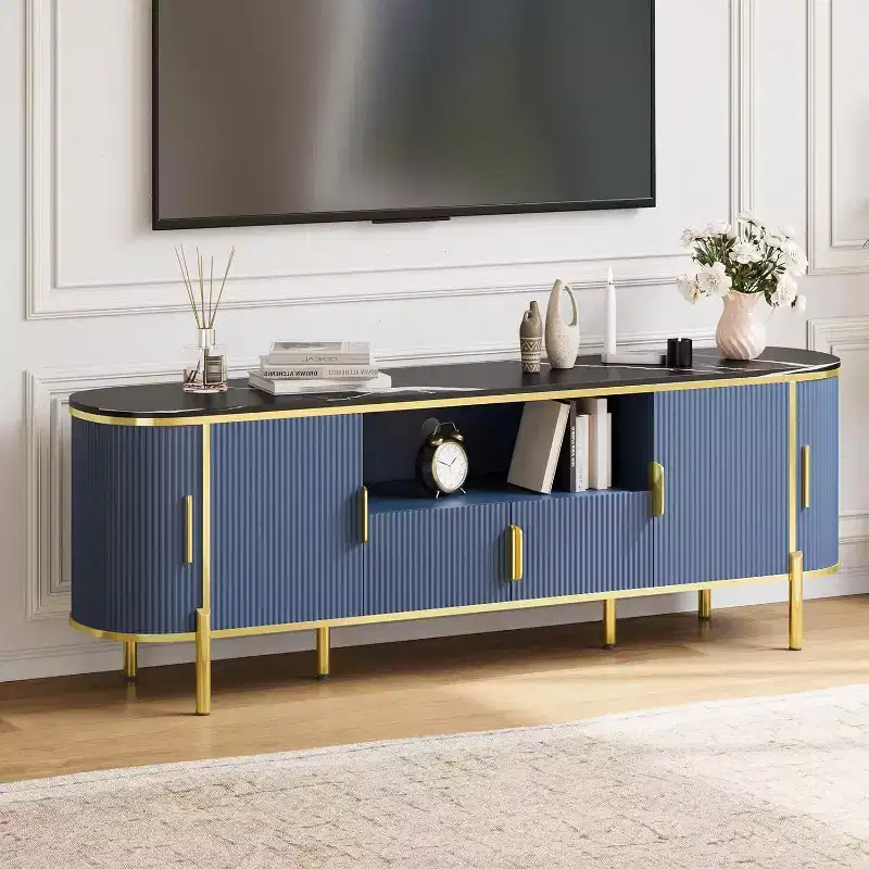 Fluted TV Stand, TV Entertainment Center with Faux Marble Top, Console Table with Adjustable Shelves Sliding Doors, for Living Room, Bedroom