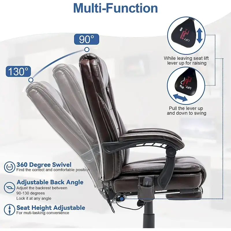 Ergonomic Heated Executive Office Chair, 2/4/6-Point Massage, Retractable Footrest, PU Leather