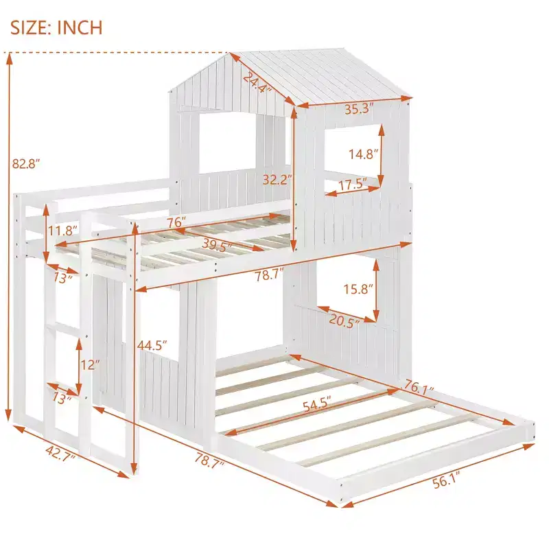 Bellemave Wooden Twin Over Full Bunk Bed, Loft Bed with Playhouse, Farmhouse, Ladder and Guardrails, White