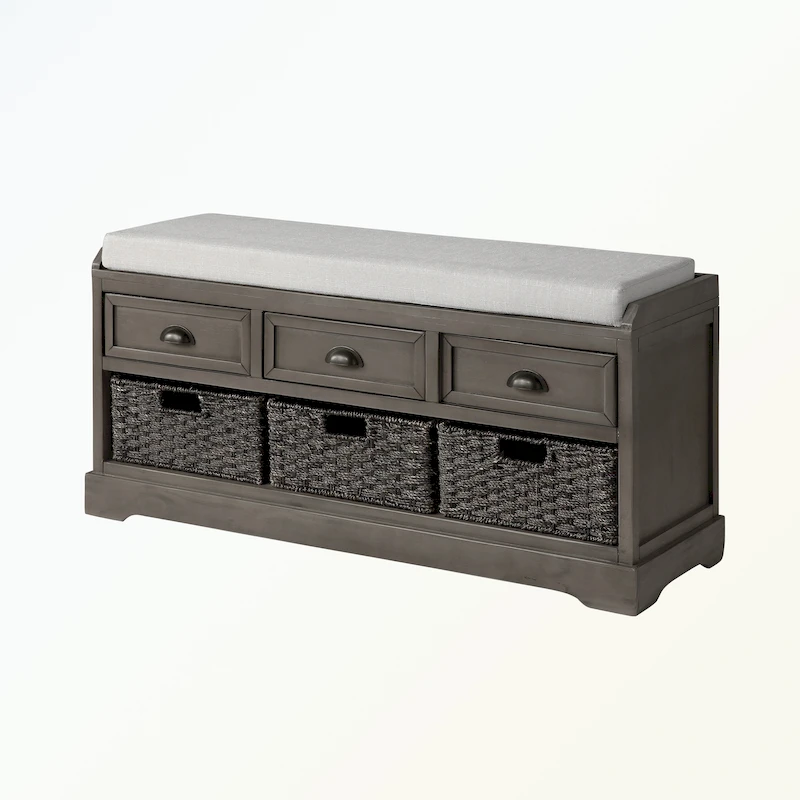 Wood Storage Bench with 3 Drawers and 3 Baskets