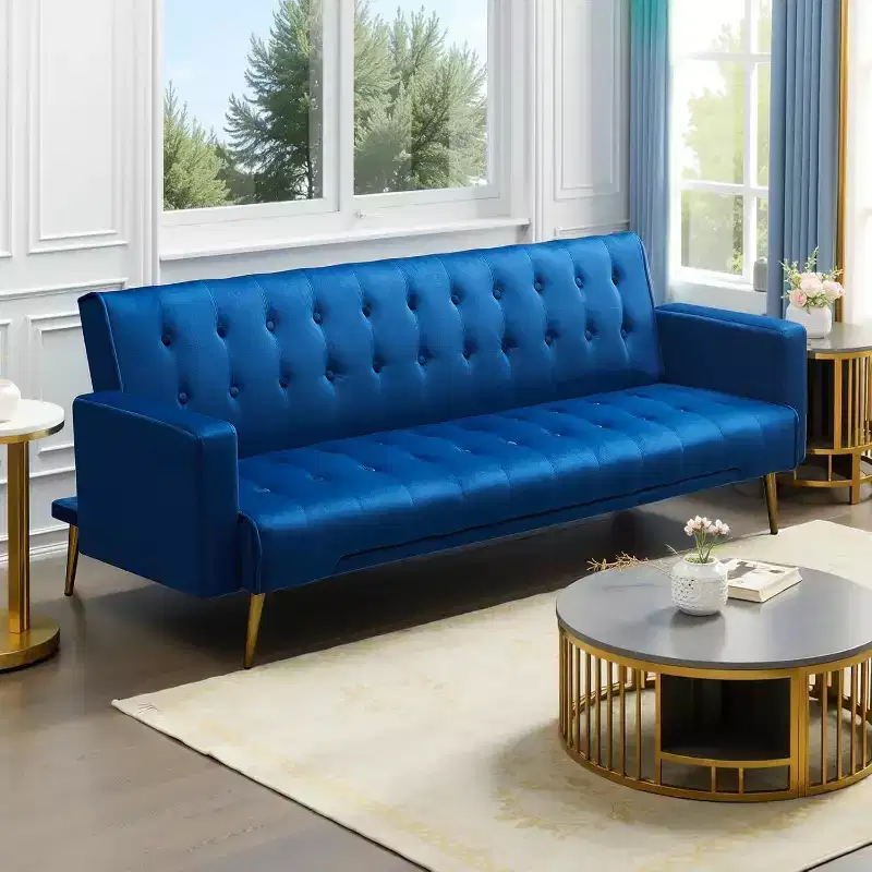 MooxvMoo 75 Convertible Futon Sofa Bed, Modern Adjustable Backrest Futon Couch with Metal Legs for Living Room, Apartment, Office, Blue