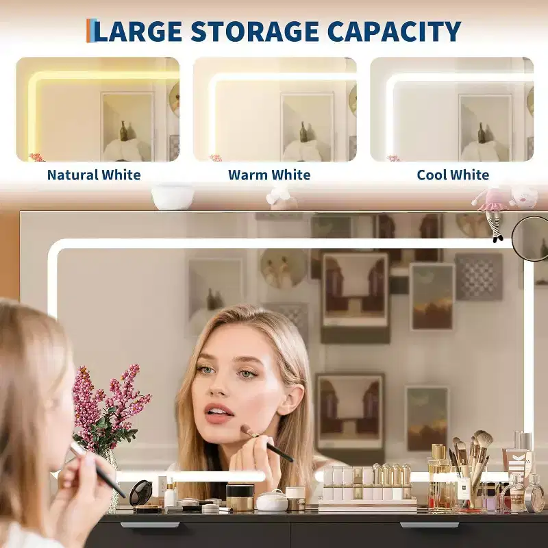 Acekool Vanity Desk with Lights & Mirror, Glass Top Makeup Table with Stool, Outlets & 10 Drawers