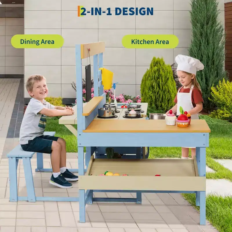 Natural Wood 2-in-1 Outdoor Mud Kitchen with Picnic Table, Ages 3+, Multi-Child