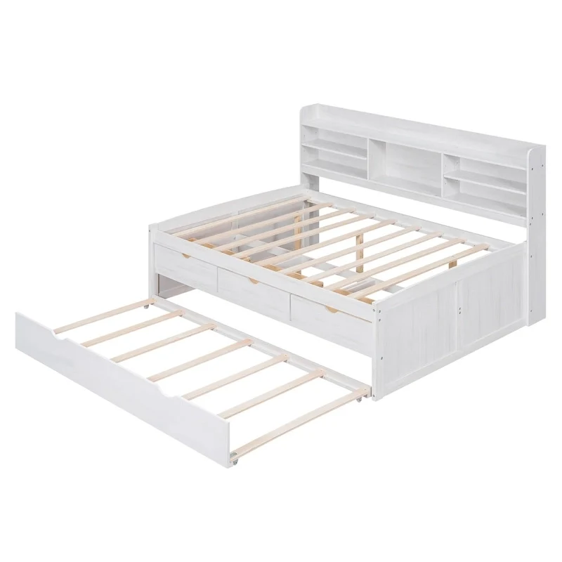 Full Pine Captain Bed with Shelves, Drawers & Trundle