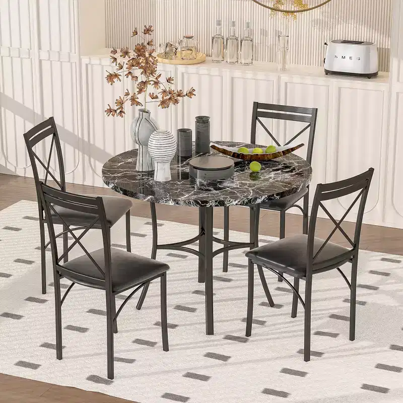 VECELO 5-Piece Dining Table Set for 4, Faux Marble Dinette with 4 Chairs for Kitchen, Small Space, Black/White
