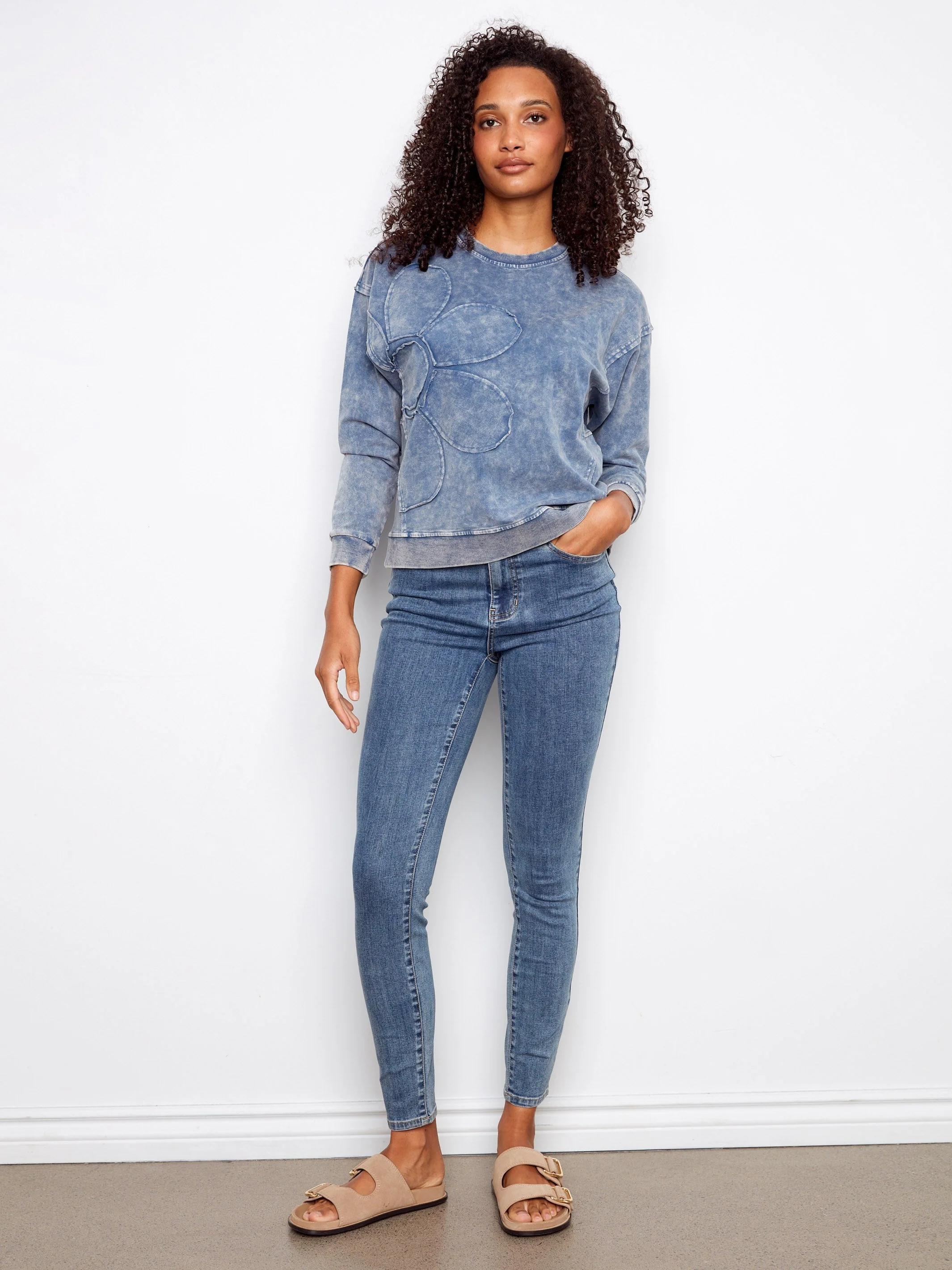 Long Sleeve Top With Flower Appliqué - Denim
