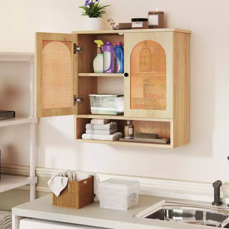 Bathroom Wall Cabinet with Adjustable Shelves Open Cube 2 PE Rattan Doors for Over Toilet Wall Mounted Medicine Cabinet Natural