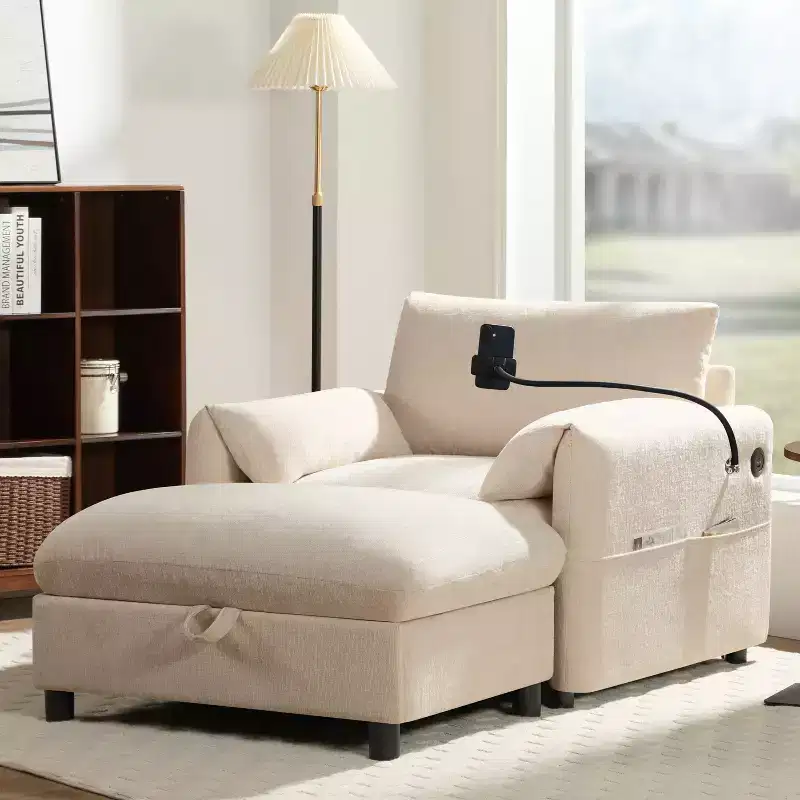 Beige / Blue / Gray / Green Chenille Single Sofa with Storage Ottoman, 1-Seater