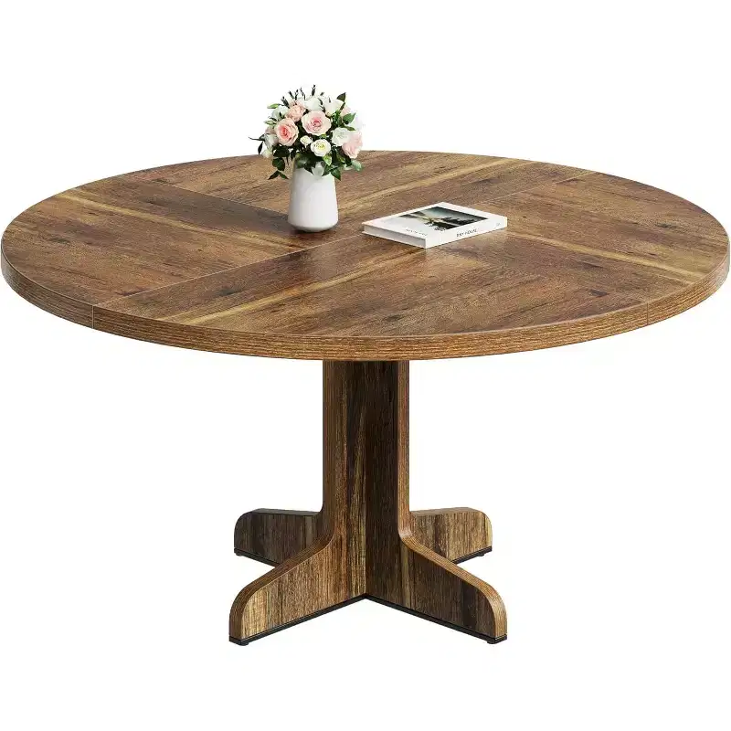 47 Round Dining Table for 4, Farmhouse Kitchen Table with Wood Tabletop and Stable Base, for Home Dining Room Living Room, Brown (Only Table)