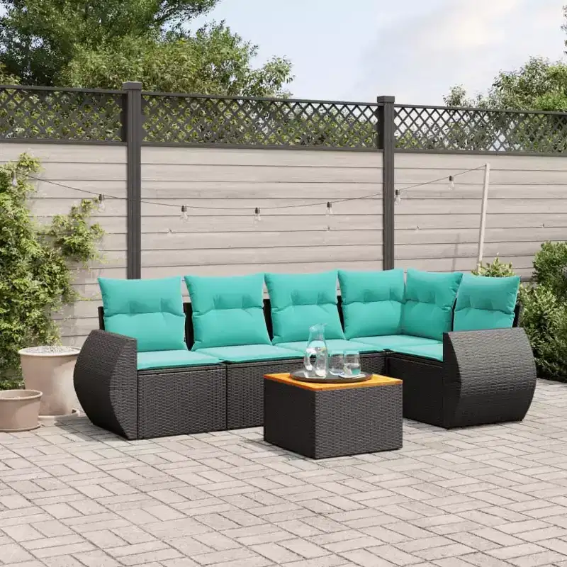 vidaXL 6 Piece Patio Sofa Set with Cushions Black Poly Rattan