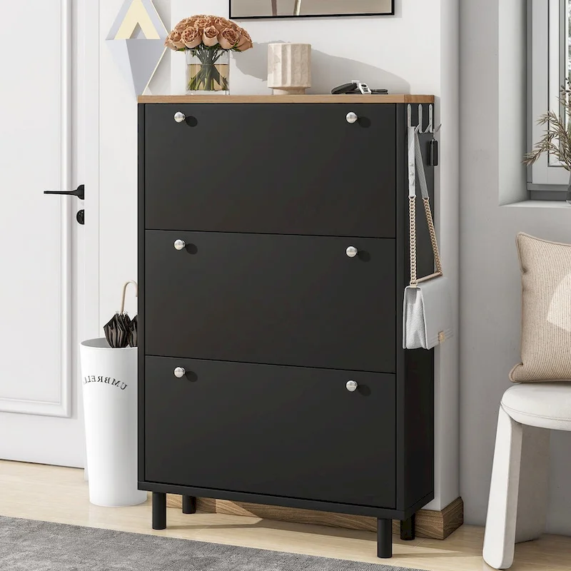 Shoe Cabinet with 3 Flip Drawers,Wood Grain Pattern with 3 Hooks,Free Standing Shoe Rack with Adjustable Panel