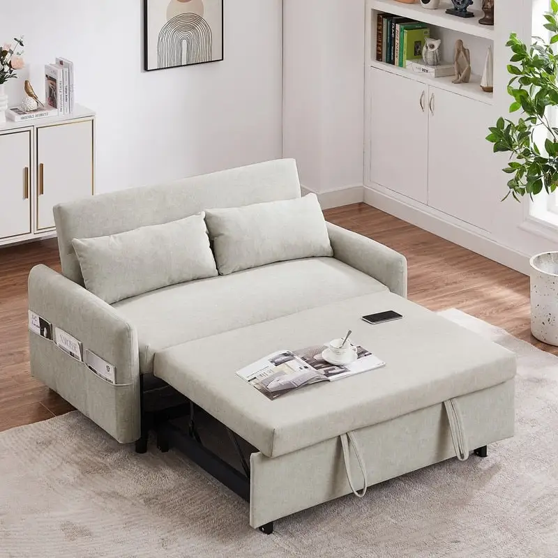 Sofa Bed Pull Out Couch Convertible Loveseat Sleeper Sofa Couch with Adjsutable Backrest, Storage Pockets, 2 Soft Pillows