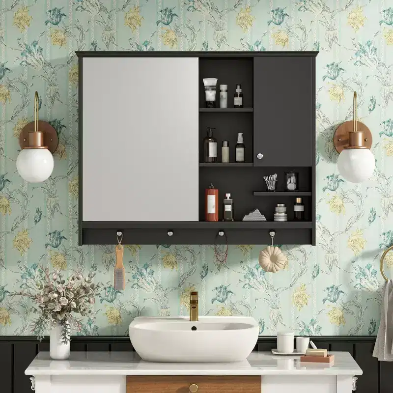 FAMYYT Rectangular MDF Medicine Cabinet with Mirror, 6 Shelves, Towel-hanging Buttons