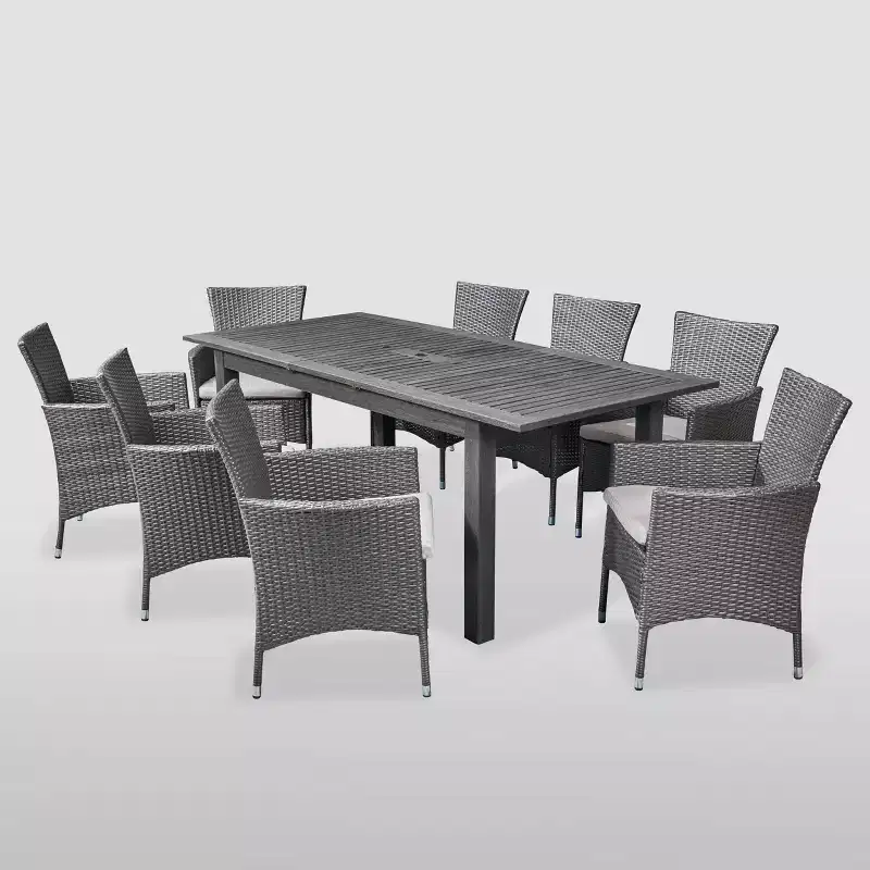 Nadia 9pc Wood and Wicker Expandable Dining Set Gray: Acacia Frame, PE Rattan, Cushions - Christopher Knight Home