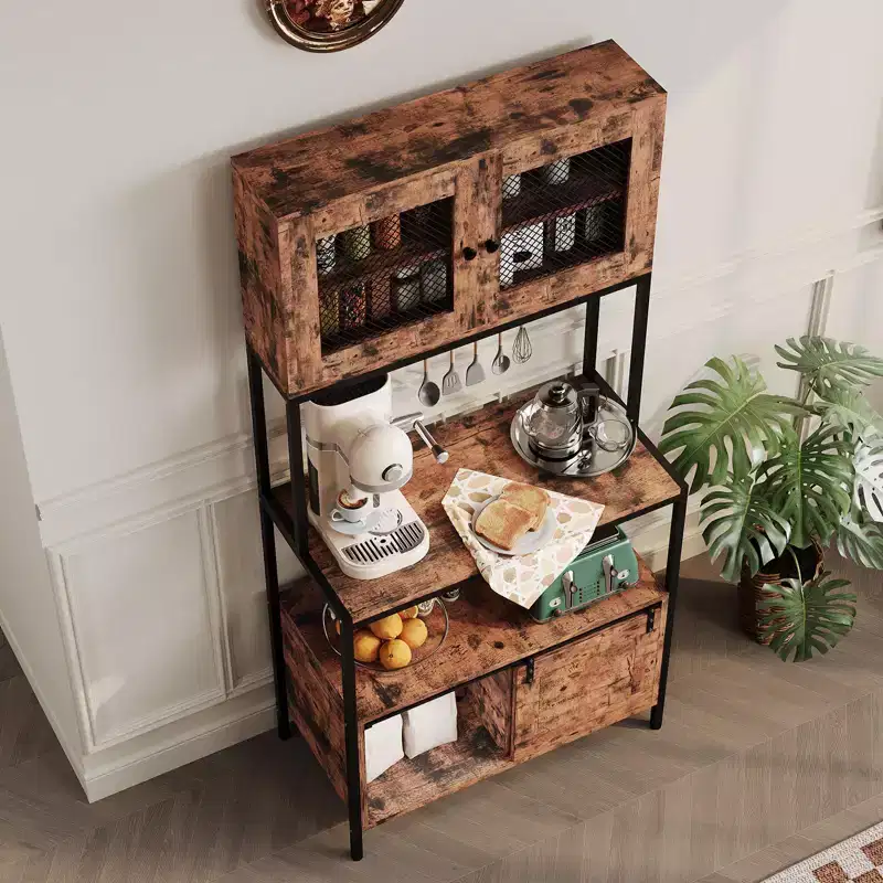 Kitchen Bakers Rack, 6 Tier Coffee Bar 63in Industrial Microwave Stand Rack with Storage Cabinet Shelves and Power Outlet for Dining Room Living Room