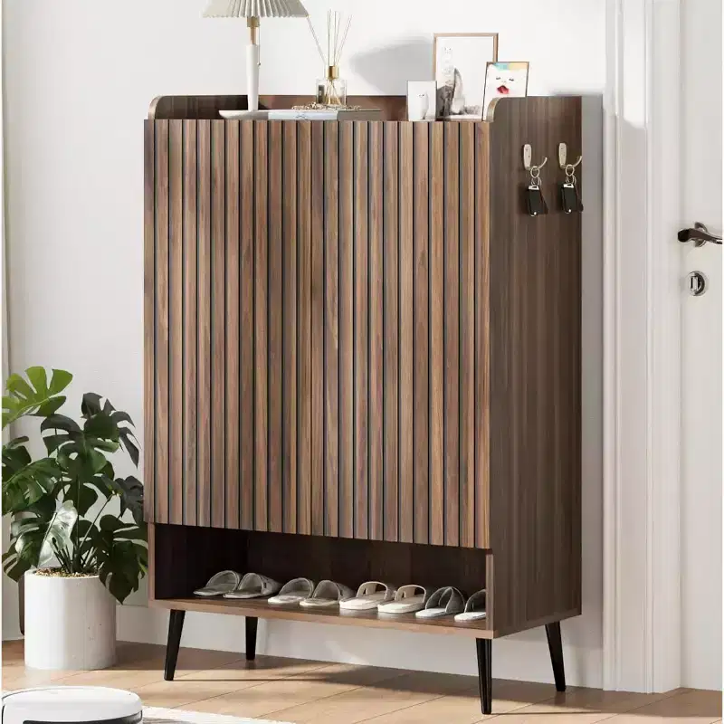 Large Shoe Cabinet with 2 Doors, 6-Tier Adjustable Shelves, Freestanding Entryway Shoe Organizer with Hooks, Brown