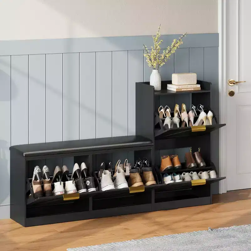 Farmhouse Shoe Cabinet with Bench and 4 Flip Drawers, Shoe Storage Cabinet with Bench and Comfort Cushion, Entryway Shoe Organizer