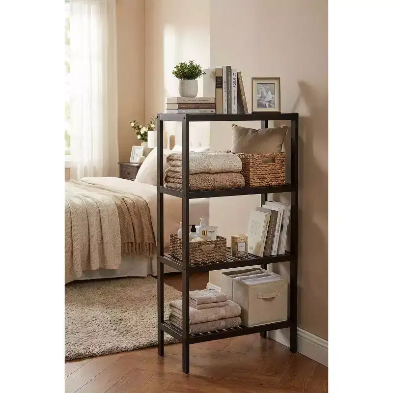 4-Tier Bamboo Shelf Narrow Slatted Bathroom Shelf with Natural Wood Finish, Plant Stand for Bathroom, Kitchen, Entryway, Bedroom, Sunroom