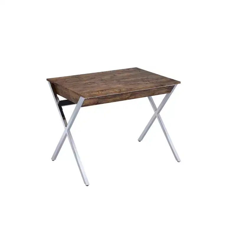 36" Callers Desks Weathered Oak and Chrome Finish: Metal Frame, Wood Surface, Open Storage Shelf
