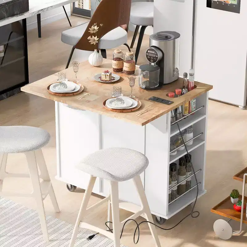 Kitchen Storage Island with Drop Leaf, Wine Rack and Adjustable Storage, White