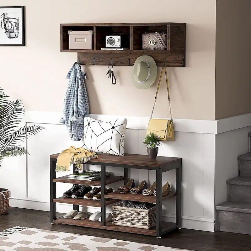 Entryway Coat Rack Shoe Bench Set, Industrial Hall Tree Coat Shoe Rack
